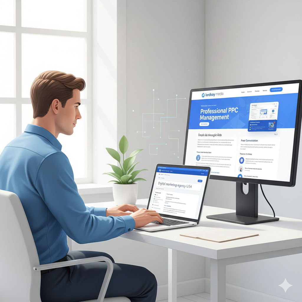 A bright modern marketing office scene showing a professional writing promotional text on a laptop while another screen displays a landing page with matching content. Clean corporate colour scheme, blue and white tones, soft lighting, minimalist US agency setting, sharp clarity, high detail.