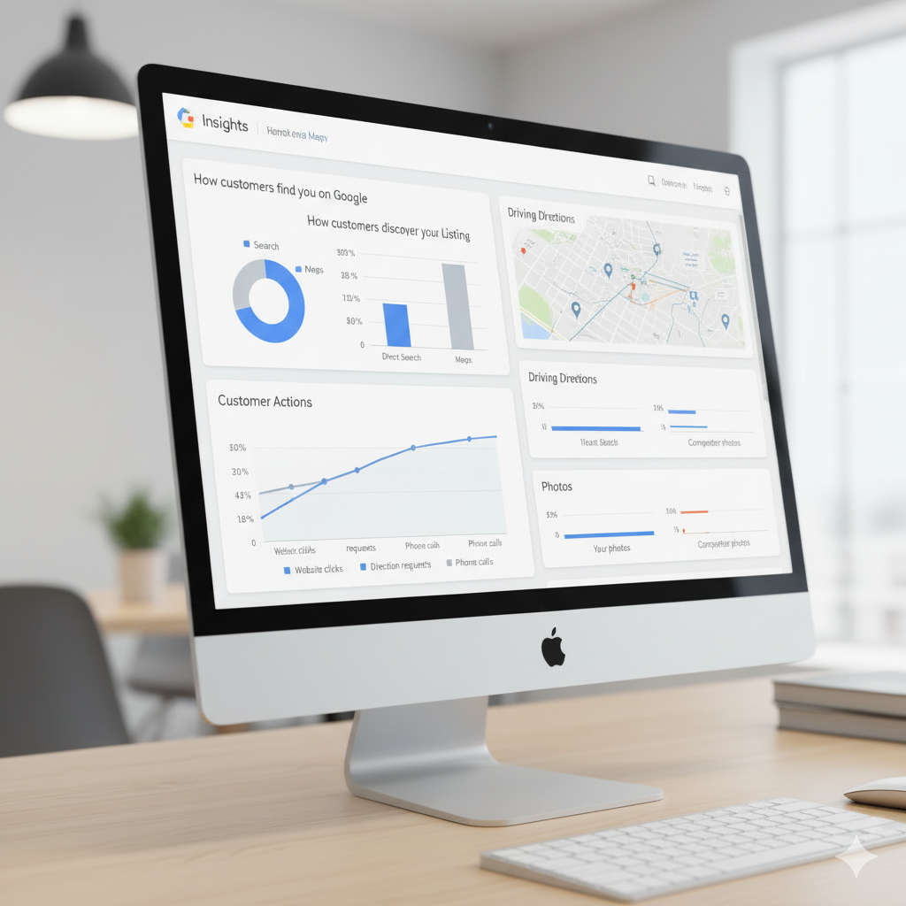 Screenshot of Google Business Profile Insights dashboard showing customer actions and discovery metrics
