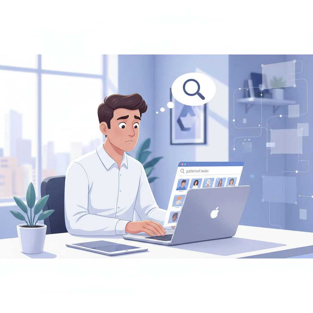 A frustrated person searching online for an item but not finding it immediately, symbolising the need for relevant search promotions.