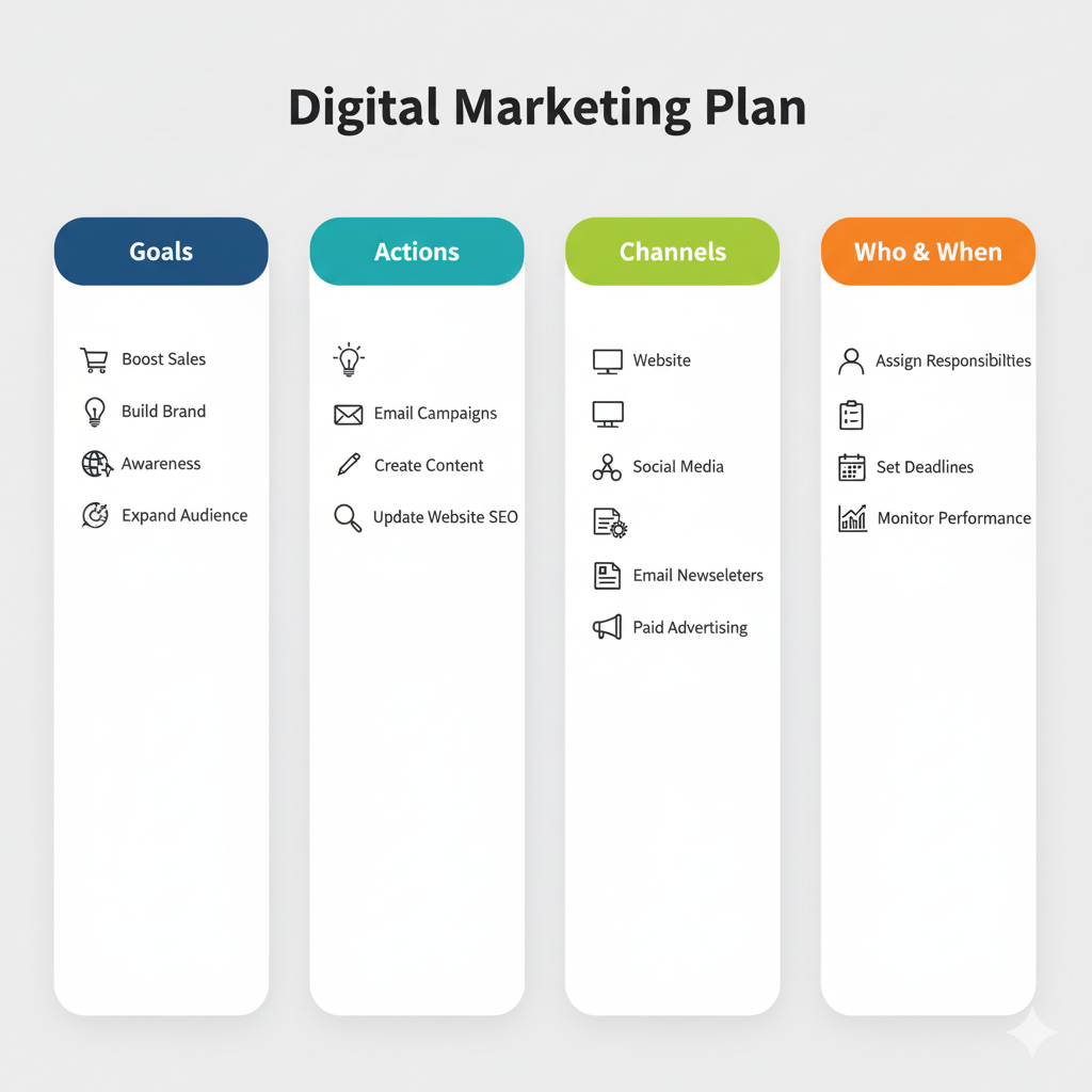 Business goals chart showing marketing objectives and corresponding actions