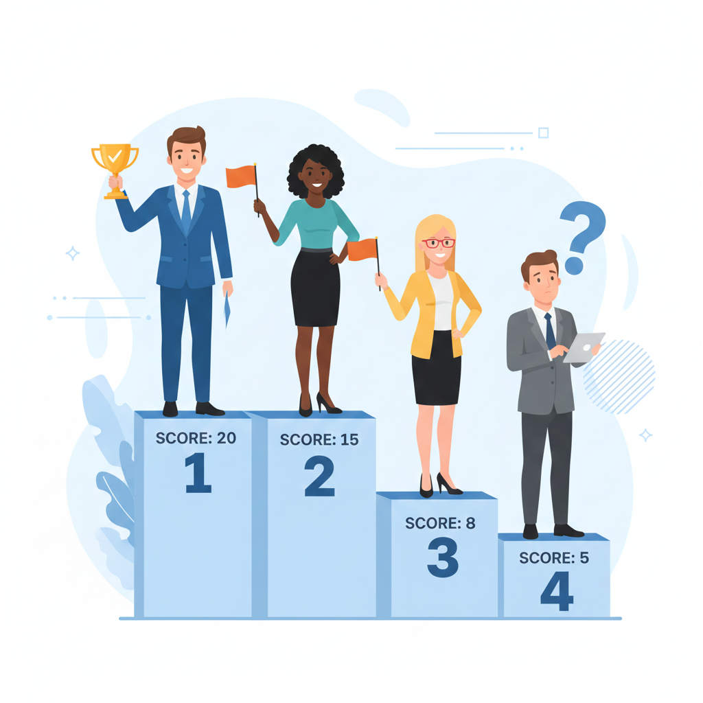 A clean corporate style illustration of four business professionals standing on podium steps labelled with scores twenty, fifteen, eight and five. Each person has a different simple colour theme for clarity. Minimalistic US digital marketing energy, smooth gradients, realistic shadows and crisp edges.