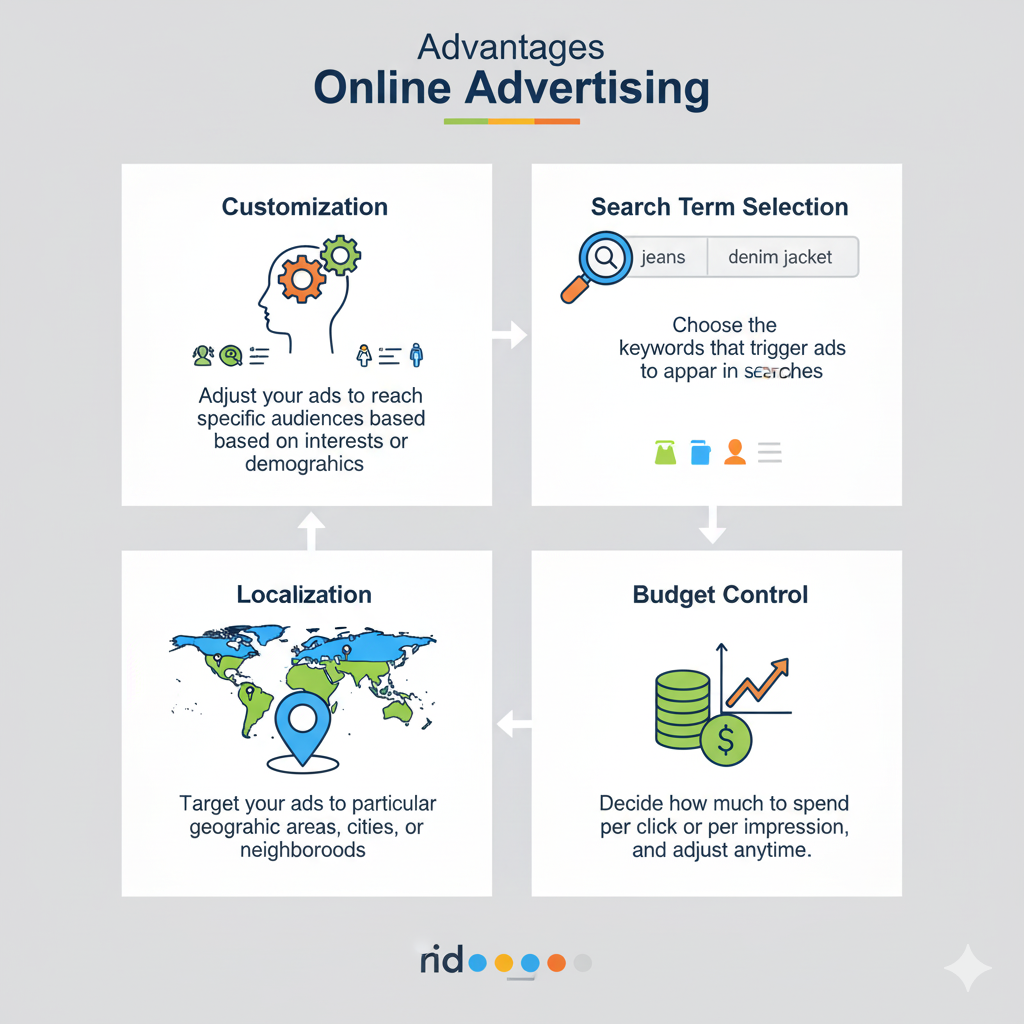 Infographic showing benefits of online advertising: customization, keywords, localization, and budget control