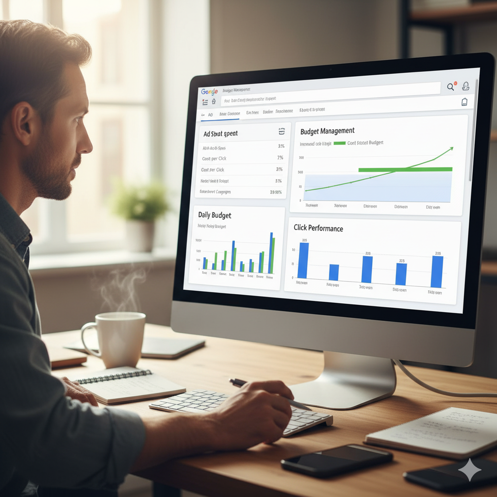 Laptop screen showing online ad analytics, including clicks, conversions, and ROI